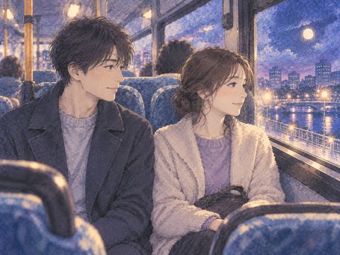夜のバスで隣同士に座る二人