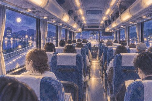 夜道を走る大型バスの広い車内