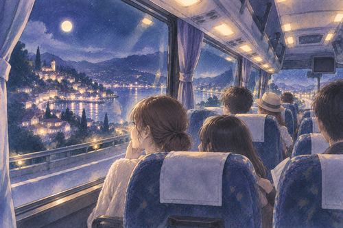 夜の観光バスから見える知らない街の景色