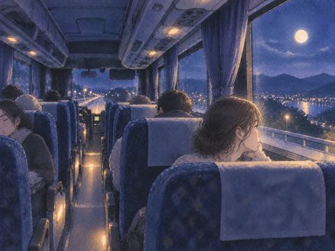 暗い夜道を進む夜行バスの静かな車内