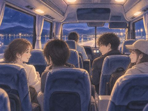 少人数が乗る夜のマイクロバス車内