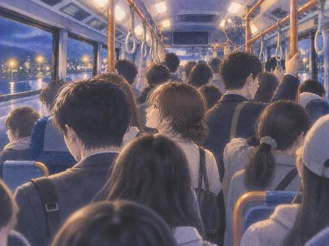 乗客で混み合う夜のバス車内