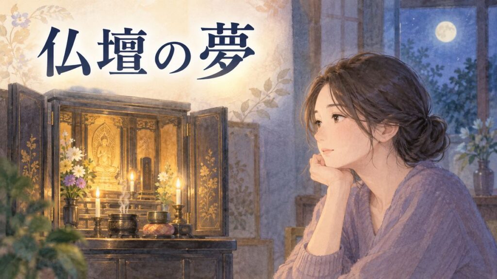 夜の仏壇を静かに見つめる大人の女性