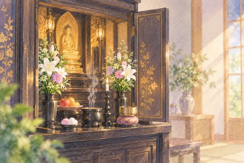 花とお供えが整った清潔な仏壇