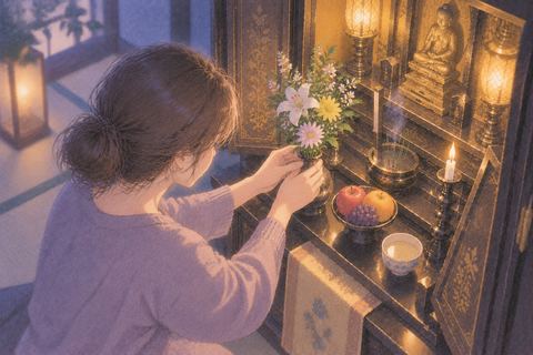 仏壇へ花と果物を供える女性