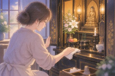 布で仏壇を丁寧に掃除する女性