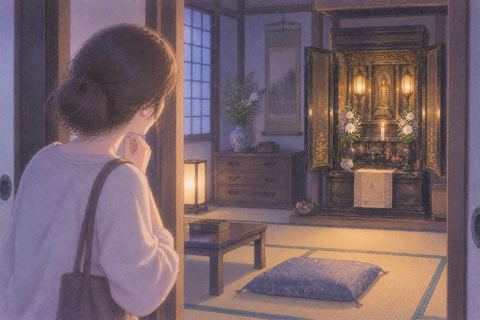 知らない家の仏壇を戸惑って見る女性
