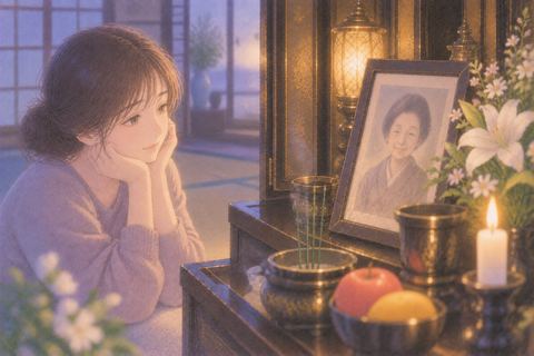 仏壇に置かれた遺影を静かに見つめる女性