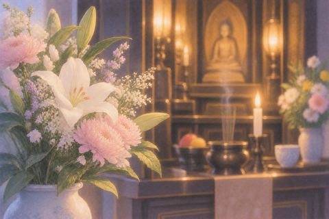 仏壇に供えられたみずみずしい花