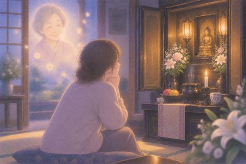 仏壇のそばに故人の面影を感じる女性