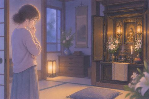 仏壇から少し距離を置いて立つ女性