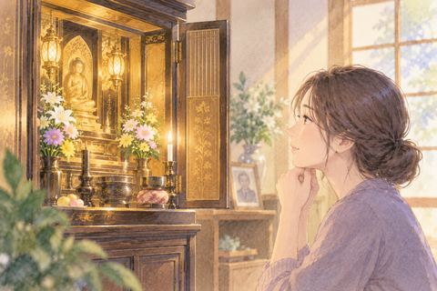 淡い金色に輝く仏壇を見つめる女性
