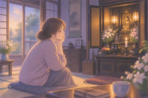 仏壇を懐かしそうに見つめる女性