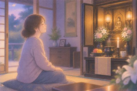 仏壇の前で穏やかにくつろぐ女性