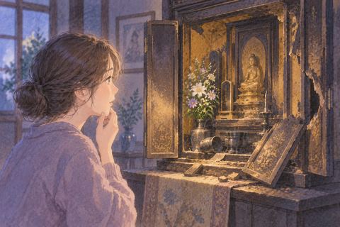 一部が壊れた仏壇を見つめる女性