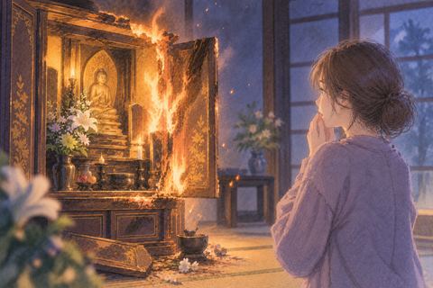 炎に包まれ始めた仏壇を見つめる女性
