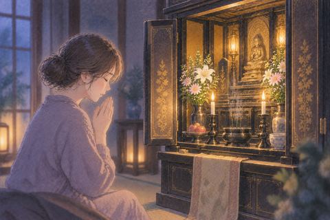 仏壇の前で静かに手を合わせる女性