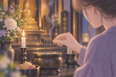 仏壇へ線香をあげる女性の手元