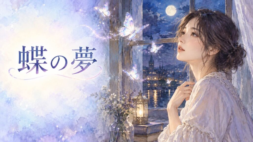 夜の窓辺で舞う蝶を見つめる大人の女性