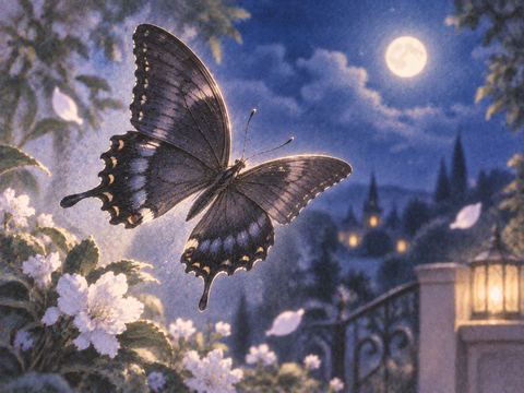 淡い光の中を静かに舞う黒い蝶