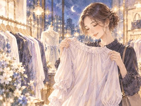 欲しかった服を手に取り嬉しそうに眺める女性