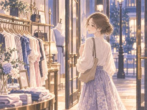 服を眺めながら何も買わず店を出る女性
