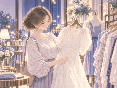 白いワンピースを手に取る女性