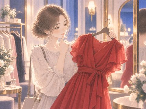 鮮やかな赤い服を手にする女性