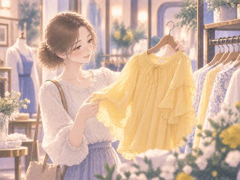 明るい黄色の服を選ぶ女性
