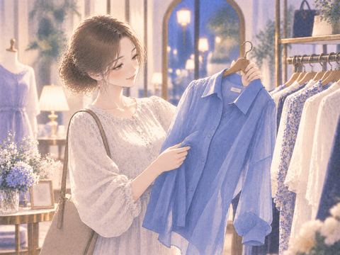 澄んだ青い服を静かに選ぶ女性