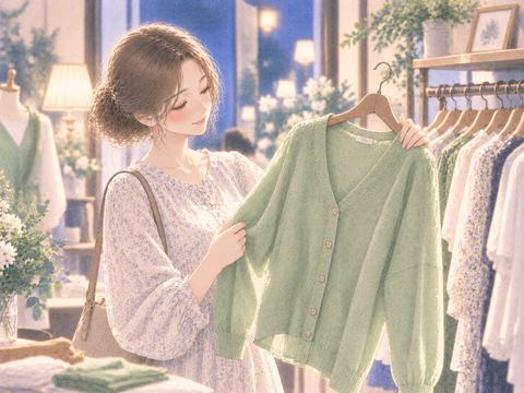 穏やかな緑色の服を選ぶ女性
