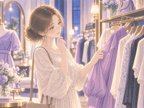 紫色の服に惹かれて手を伸ばす女性
