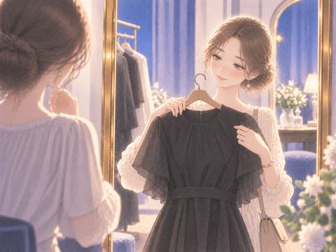 黒い服を鏡の前で確かめる女性