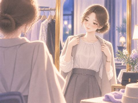 おしゃれな服を鏡に合わせて微笑む女性