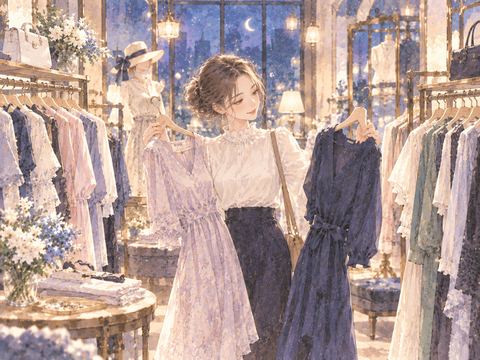 たくさんの洋服が並ぶ店内で服を選ぶ女性