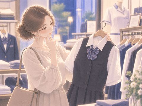店頭で新しい制服を手に取る女性