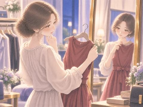 大胆なデザインの服を手にして考える女性
