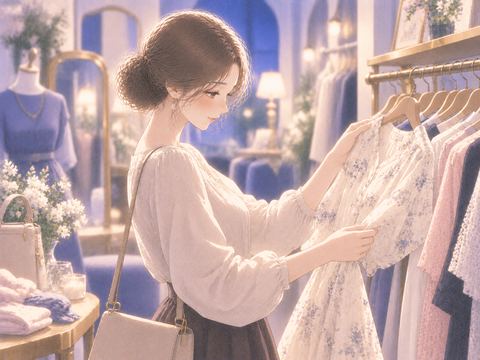 自分用の洋服をじっくり選ぶ女性