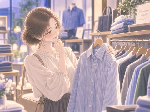 好きな人を思い浮かべながら男性用の服を選ぶ女性