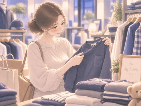 家族のための服を丁寧に選ぶ女性