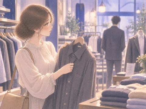 知らない人物のための服を選ぶ女性