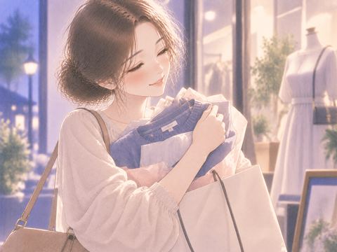 買った服を抱えて嬉しそうにする女性