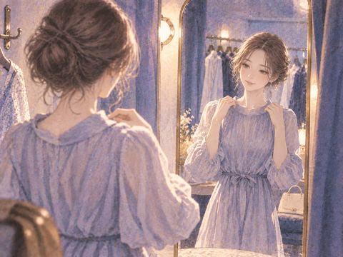 試着室の鏡で新しい服を確かめる女性