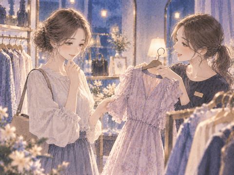 知人に勧められた服を手に取る女性