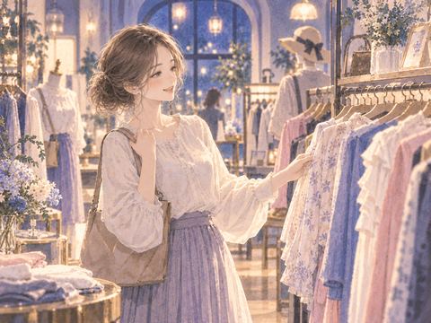 服屋を楽しそうに見て回る大人の女性