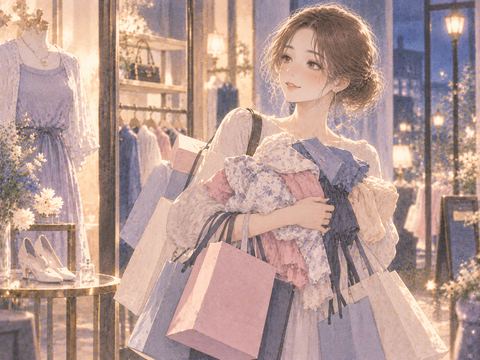 複数の洋服と買い物袋を抱える女性