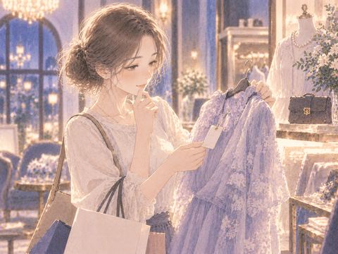 上質な服と値札を見比べる女性