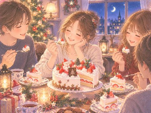 クリスマスケーキを囲んで楽しむ人たち