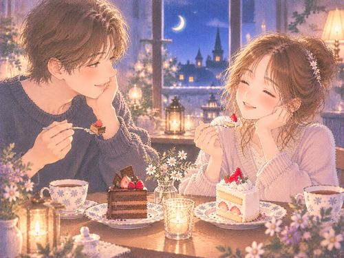 恋人と向かい合ってケーキを食べる女性