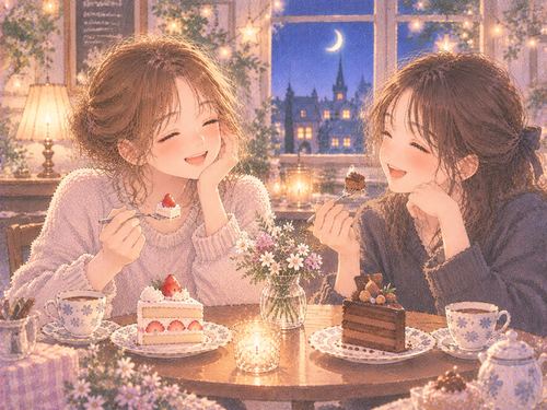 友達とケーキを食べながら笑う女性たち